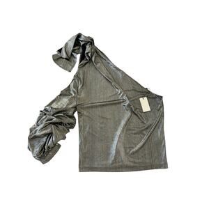 NWT Alpha & Omega Metallic One Shoulder Ruched Sleeve Blouse Women Large Silver